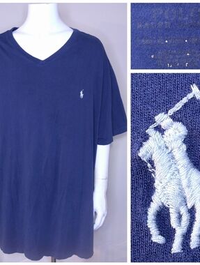 POLO RALPH LAUREN T Shirt 4XLT Blue SILVER PONY 4XL BIG & TALL V Neck XXXXL RL